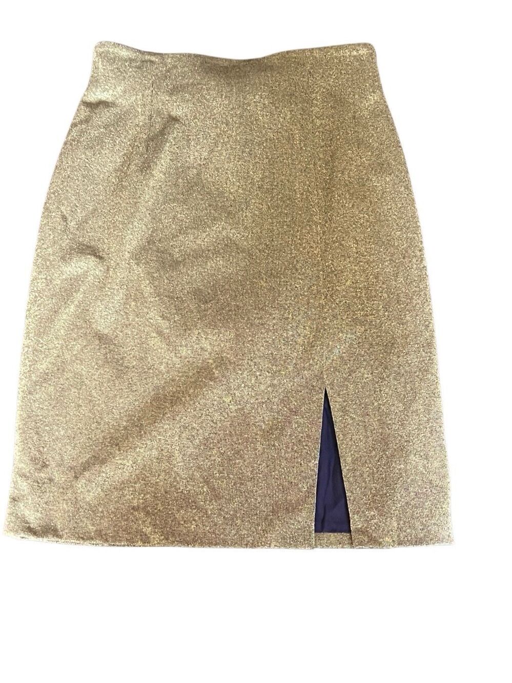 Metallic Gold Lamé Pencil Midi Skirt Front Slit High Waist Disco Party Glam